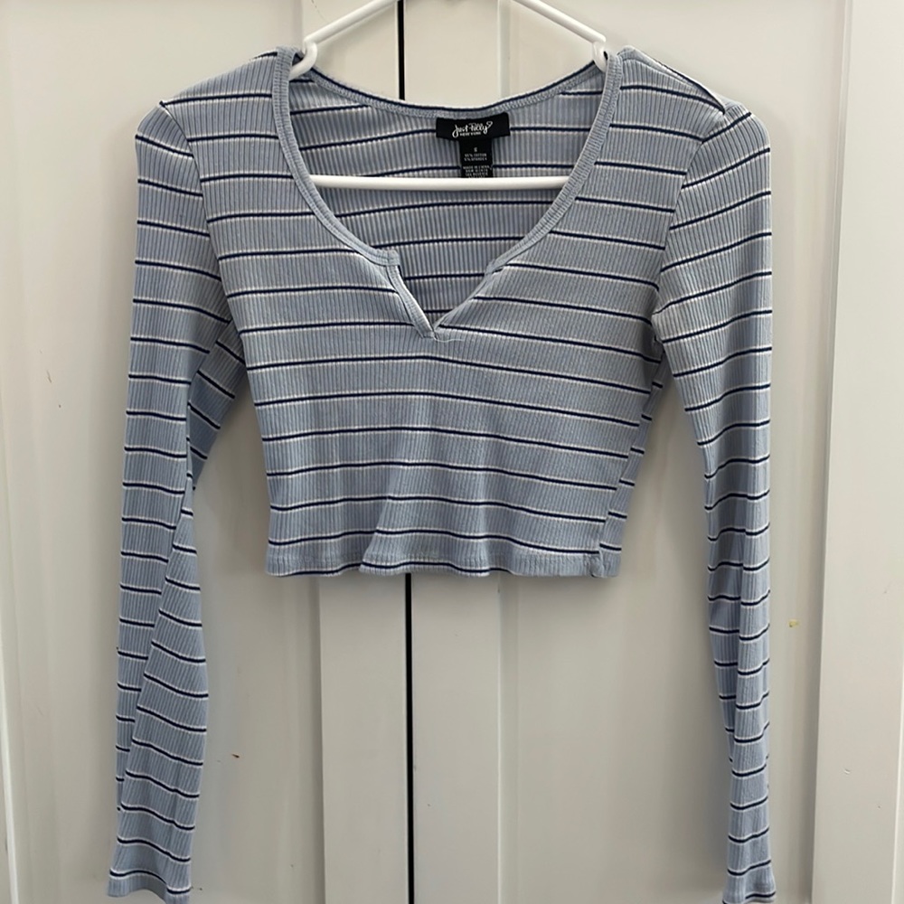Blue Stripped Cropped Ribbed V-neck Top
